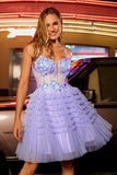 Sequins Purple A-Line Corset Short Homecoming Dress with Ruffles