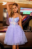 Sequins Purple A-Line Corset Short Homecoming Dress with Ruffles
