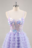 Purple A-Line Sequins Tulle Corset Short Homecoming Dress with Ruffles