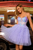 Sequins Purple A-Line Corset Short Homecoming Dress with Ruffles