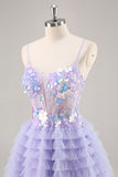 Purple A-Line Sequins Tulle Corset Short Homecoming Dress with Ruffles