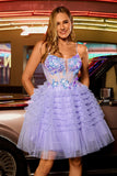 Sequins Purple A-Line Corset Short Homecoming Dress with Ruffles