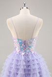 Purple A-Line Sequins Tulle Corset Short Homecoming Dress with Ruffles