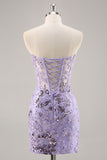 Purple Bodycon Strapless Corset Short Homecoming Dress with Sequins