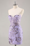 Purple Strapless Bodycon Corset Satin Short Homecoming Dress with Sequins