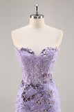 Purple Strapless Bodycon Corset Satin Short Homecoming Dress with Sequins