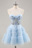A-Line Sequins Tulle Corset Pleated Short Blue Homecoming Dress with Ruffles