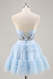 A-Line Sequins Tulle Corset Pleated Short Blue Homecoming Dress with Ruffles