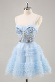 A-Line Sequins Tulle Corset Pleated Short Blue Homecoming Dress with Ruffles