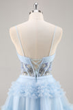 A-Line Sequins Tulle Corset Pleated Short Blue Homecoming Dress with Ruffles