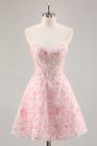 Pink A-Line Strapless Sequins Corset Floral Short Homecoming Dress