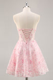 Pink A-Line Strapless Sequins Corset Floral Short Homecoming Dress