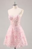 Pink A-Line Strapless Sequins Corset Short Floral Homecoming Dress