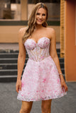 Pink A-Line Strapless Sequins Corset Floral Short Homecoming Dress