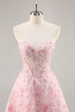 Pink A-Line Strapless Sequins Corset Short Floral Homecoming Dress