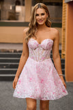 Pink A-Line Strapless Sequins Corset Floral Short Homecoming Dress