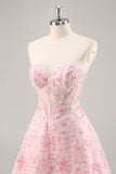 Pink A-Line Strapless Sequins Corset Short Floral Homecoming Dress