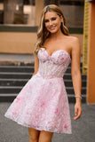 Pink A-Line Strapless Sequins Corset Floral Short Homecoming Dress