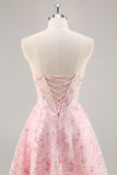 Pink A-Line Strapless Sequins Corset Short Floral Homecoming Dress
