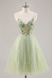 Green A-Line Floral Embroidered Short Homecoming Dress with Beading