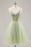 Green A-Line Floral Embroidered Short Homecoming Dress with Beading
