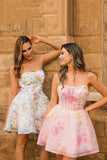Sequins A-Line Strapless Corset Short Floral Pink Homecoming Dress