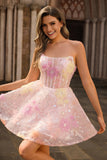 Sequins A-Line Strapless Corset Short Floral Pink Homecoming Dress