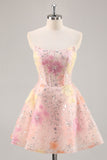 Sequins A-Line Strapless Corset Short Floral Pink Homecoming Dress