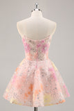 Sequins A-Line Strapless Corset Short Floral Pink Homecoming Dress