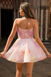 Sequins A-Line Strapless Corset Short Floral Pink Homecoming Dress