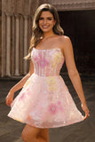 Sequins A-Line Strapless Corset Short Floral Pink Homecoming Dress