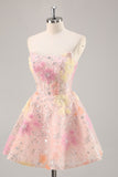 A-Line Strapless Sequins Corset Short Pink Floral Homecoming Dress