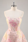 A-Line Strapless Sequins Corset Short Pink Floral Homecoming Dress