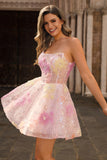Sequins A-Line Strapless Corset Short Floral Pink Homecoming Dress