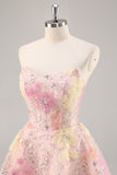 A-Line Strapless Sequins Corset Short Pink Floral Homecoming Dress
