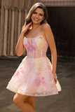 Sequins A-Line Strapless Corset Short Floral Pink Homecoming Dress