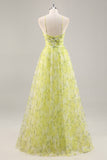 Yellow Green A-Line Cut Out Floral Long Prom Dress