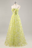 Yellow Green A-Line Cut Out Floral Long Prom Dress
