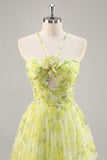 Yellow Green A-Line Cut Out Floral Long Prom Dress