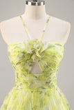 Yellow Green A-Line Cut Out Floral Long Prom Dress