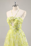 Yellow Green A-Line Cut Out Floral Long Prom Dress