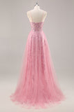 Sparkly Pink A-Line Spaghetti Straps Sequins Long Prom Dress