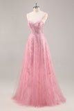 Sparkly Pink A-Line Spaghetti Straps Sequins Long Prom Dress