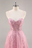 Sparkly Pink A-Line Spaghetti Straps Sequins Long Prom Dress