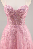 Sparkly Pink A-Line Spaghetti Straps Sequins Long Prom Dress