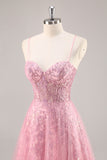 Sparkly Pink A-Line Spaghetti Straps Sequins Long Prom Dress