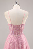 Sparkly Pink A-Line Spaghetti Straps Sequins Long Prom Dress