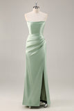 Sage Green Sheath Strapless Satin Pleated Floor Length Bridesmaid Dress with Slit