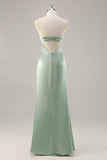 Sage Green Sheath Strapless Satin Pleated Floor Length Bridesmaid Dress with Slit