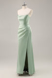 Sage Green Sheath Strapless Satin Pleated Floor Length Bridesmaid Dress with Slit